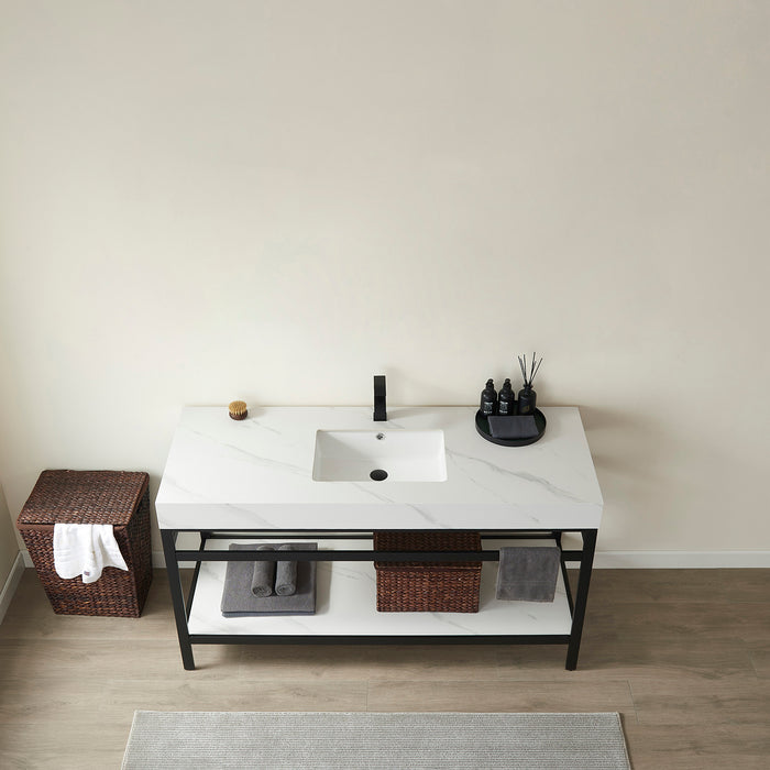 60-Inch Loft Single Sink Vanity Modern Matt Black Steel Frame White Sintered Stone Countertop