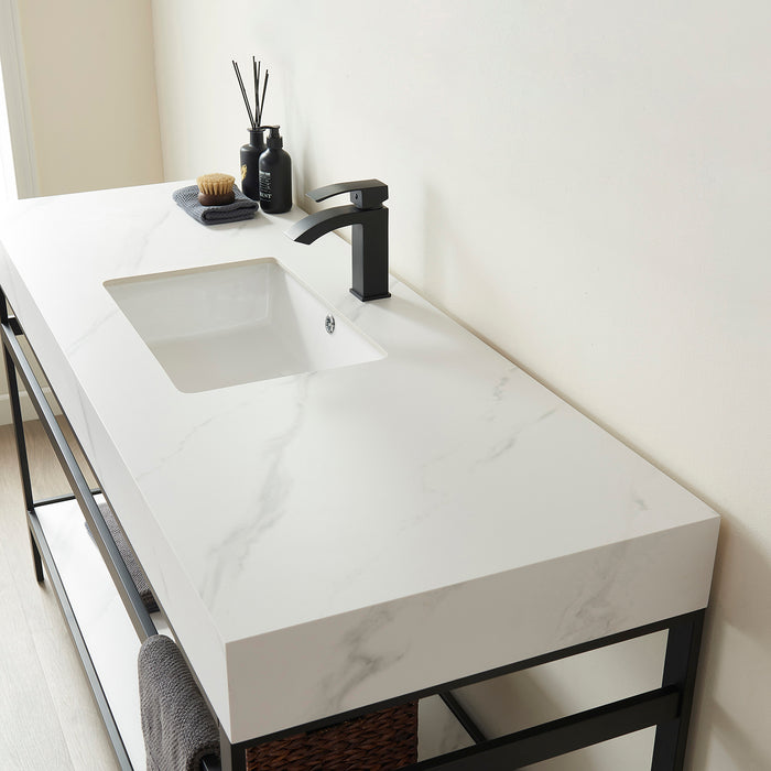 60-Inch Loft Single Sink Vanity Modern Matt Black Steel Frame White Sintered Stone Countertop