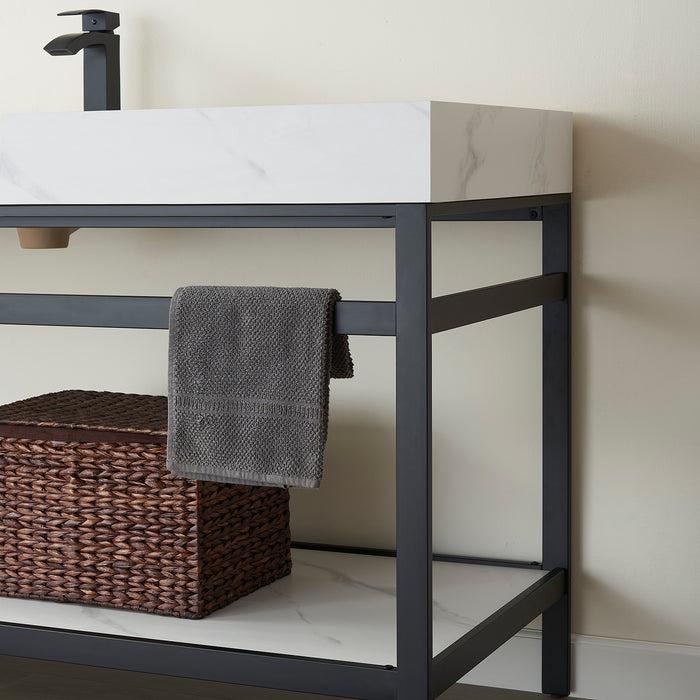 60-Inch Loft Single Sink Vanity Modern Matt Black Steel Frame White Sintered Stone Countertop