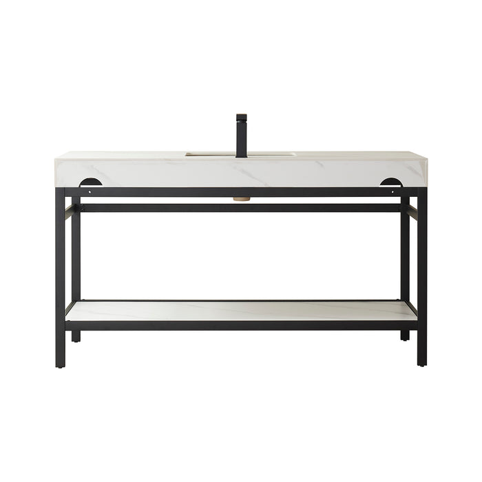 60-Inch Loft Single Sink Vanity Modern Matt Black Steel Frame White Sintered Stone Countertop