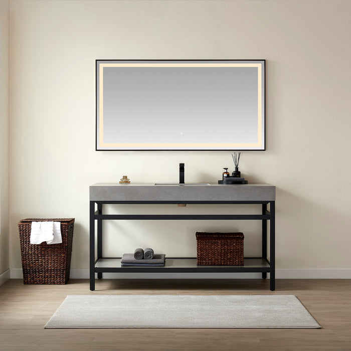 60-Inch Livia Bathroom Vanity Single Sink Matt Black with Grey Sintered Stone Countertop and LED Mirror