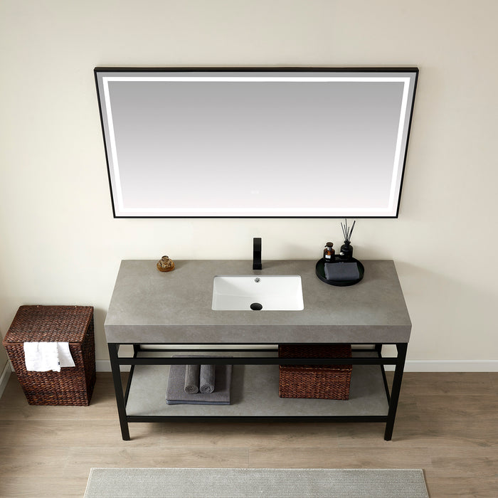 60-Inch Livia Bathroom Vanity Single Sink Matt Black with Grey Sintered Stone Countertop and LED Mirror