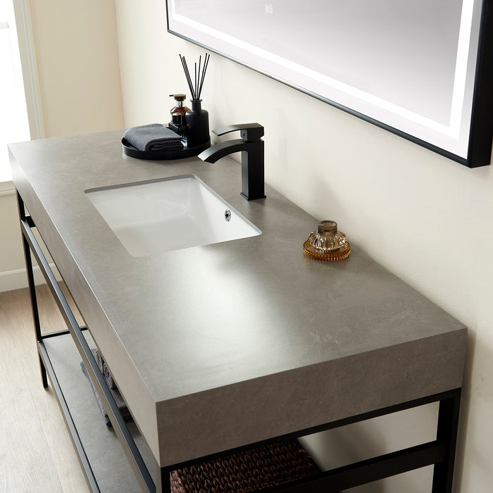 60-Inch Livia Bathroom Vanity Single Sink Matt Black with Grey Sintered Stone Countertop and LED Mirror