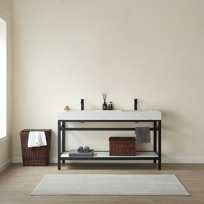 60-Inch White Sintered Stone Double Sink Lyric Bathroom Vanity Matte Black Base with Open Shelf