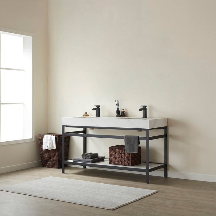 60-Inch White Sintered Stone Double Sink Lyric Bathroom Vanity Matte Black Base with Open Shelf