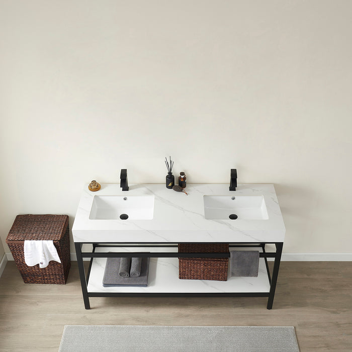 60-Inch White Sintered Stone Double Sink Lyric Bathroom Vanity Matte Black Base with Open Shelf