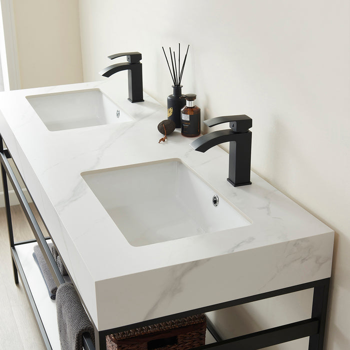 60-Inch White Sintered Stone Double Sink Lyric Bathroom Vanity Matte Black Base with Open Shelf