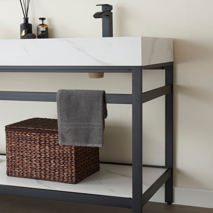 60-Inch White Sintered Stone Double Sink Lyric Bathroom Vanity Matte Black Base with Open Shelf