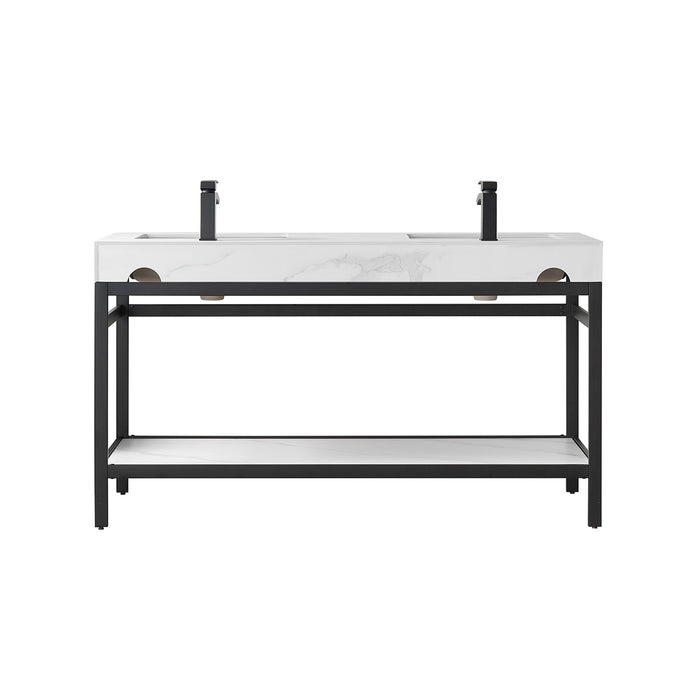 60-Inch White Sintered Stone Double Sink Lyric Bathroom Vanity Matte Black Base with Open Shelf