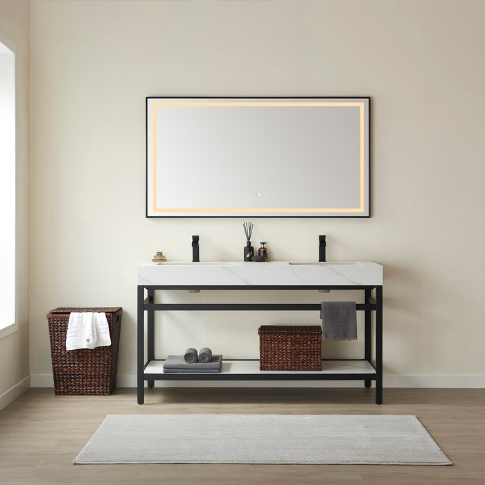 60-Inch Magnolia Double Sink Bathroom Vanity - Matte Black Steel Frame with White Sintered Stone Top & LED Mirror