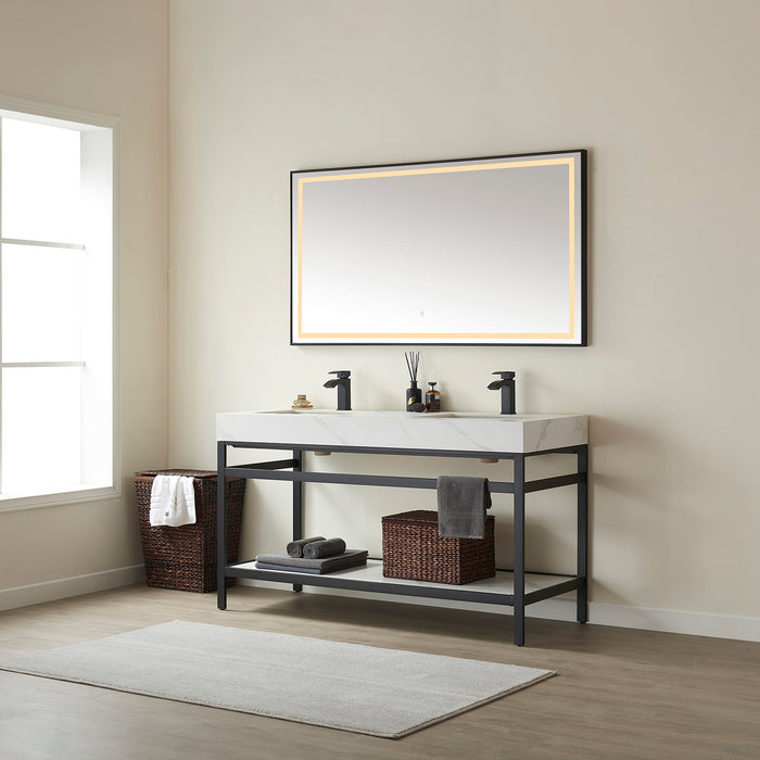 60-Inch Magnolia Double Sink Bathroom Vanity - Matte Black Steel Frame with White Sintered Stone Top & LED Mirror