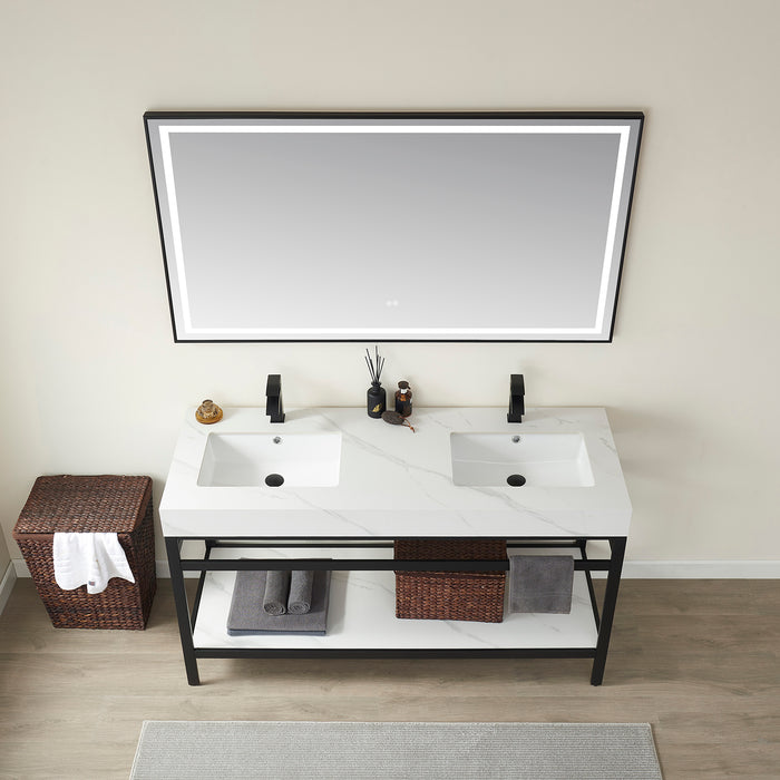 60-Inch Magnolia Double Sink Bathroom Vanity - Matte Black Steel Frame with White Sintered Stone Top & LED Mirror
