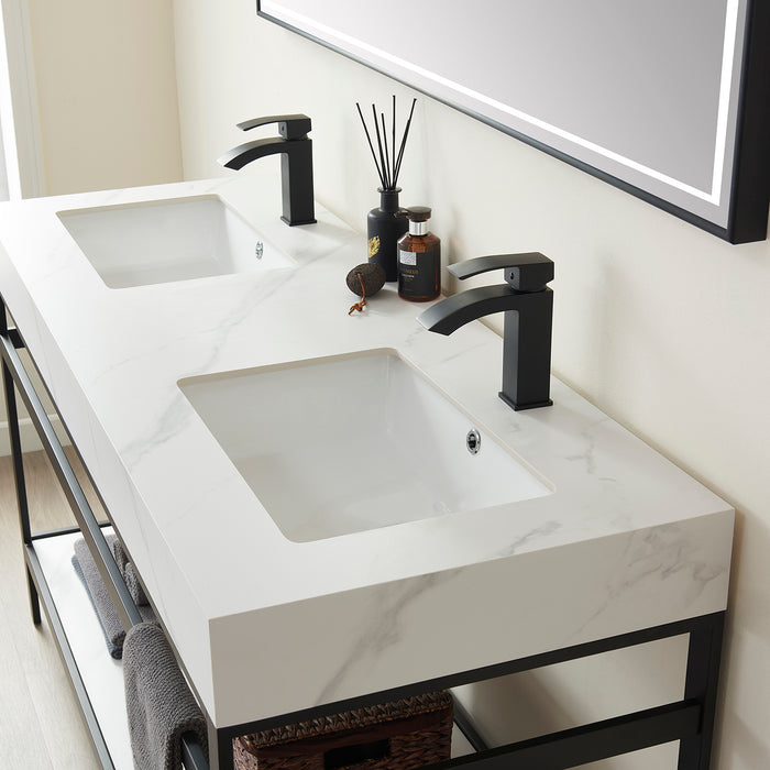 60-Inch Magnolia Double Sink Bathroom Vanity - Matte Black Steel Frame with White Sintered Stone Top & LED Mirror
