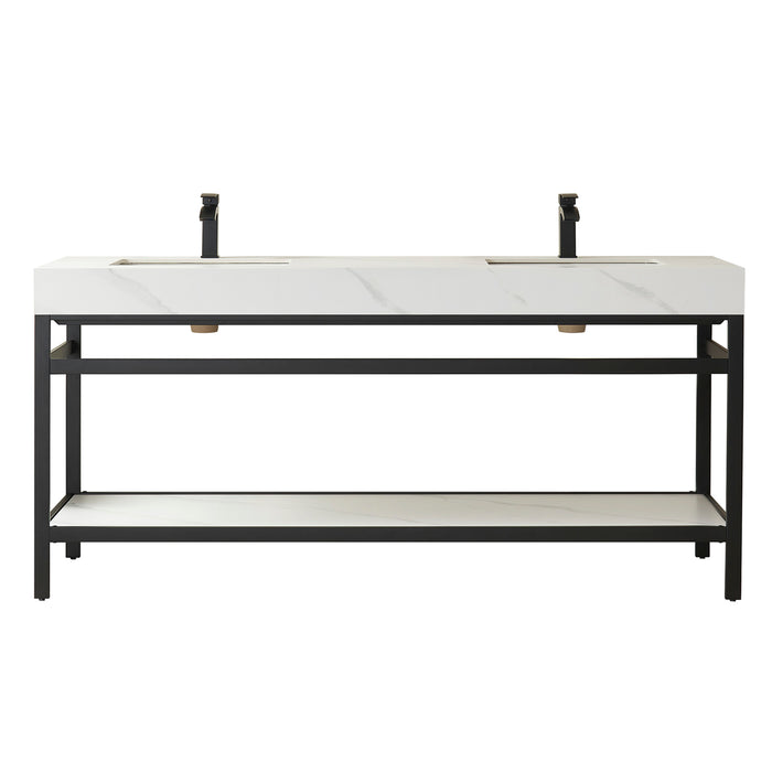 72-Inch Mellow Double Sink Vanity - Matt Black Stainless Steel Base White Sintered Stone Top Undermount