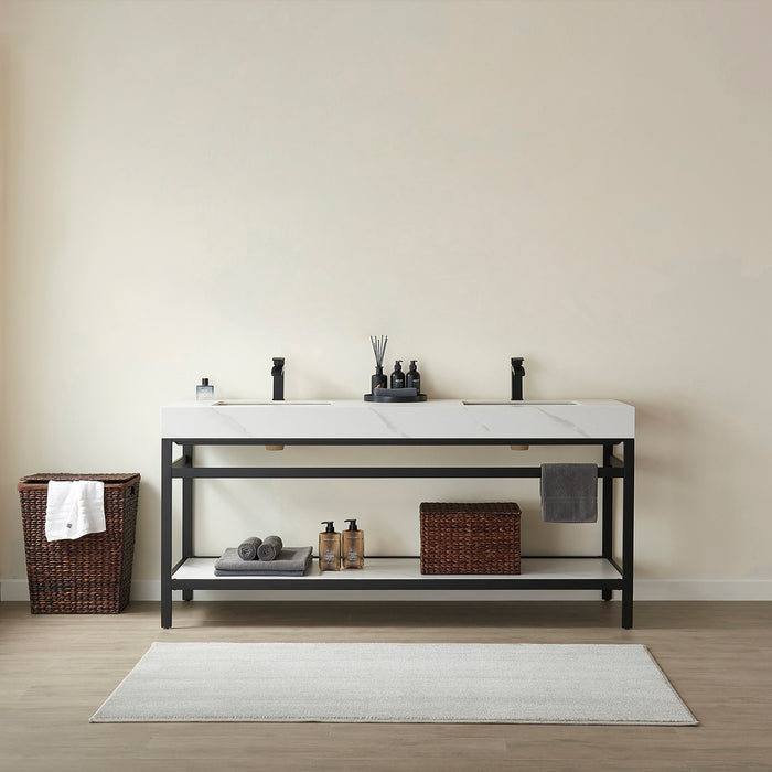 72-Inch Mellow Double Sink Vanity - Matt Black Stainless Steel Base White Sintered Stone Top Undermount