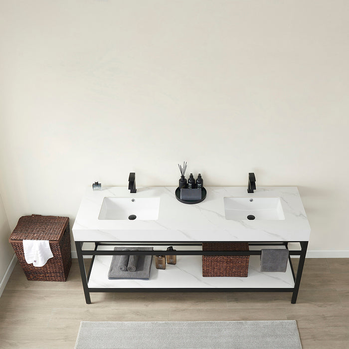 72-Inch Mellow Double Sink Vanity - Matt Black Stainless Steel Base White Sintered Stone Top Undermount