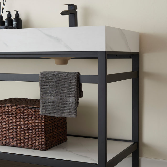 72-Inch Mellow Double Sink Vanity - Matt Black Stainless Steel Base White Sintered Stone Top Undermount