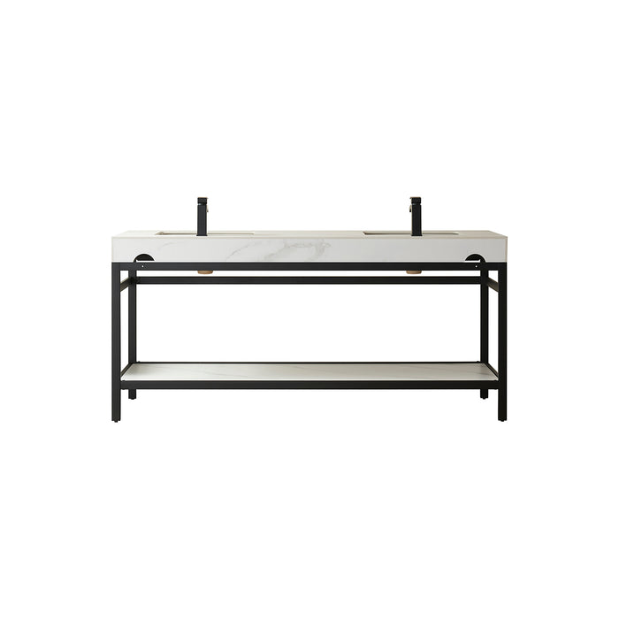 72-Inch Mellow Double Sink Vanity - Matt Black Stainless Steel Base White Sintered Stone Top Undermount