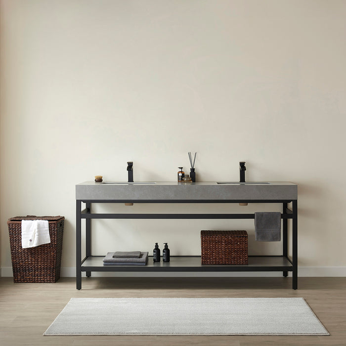 72-Inch Maven Double Sink Bathroom Vanity - Matte Black Metal Frame with Grey Sintered Stone Top & Storage