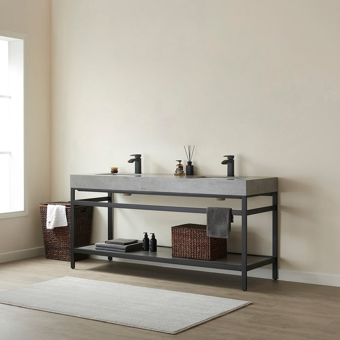 72-Inch Maven Double Sink Bathroom Vanity - Matte Black Metal Frame with Grey Sintered Stone Top & Storage