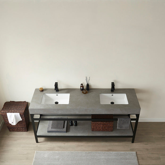 72-Inch Maven Double Sink Bathroom Vanity - Matte Black Metal Frame with Grey Sintered Stone Top & Storage
