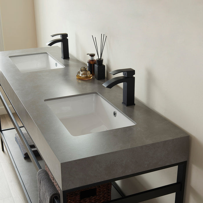 72-Inch Maven Double Sink Bathroom Vanity - Matte Black Metal Frame with Grey Sintered Stone Top & Storage