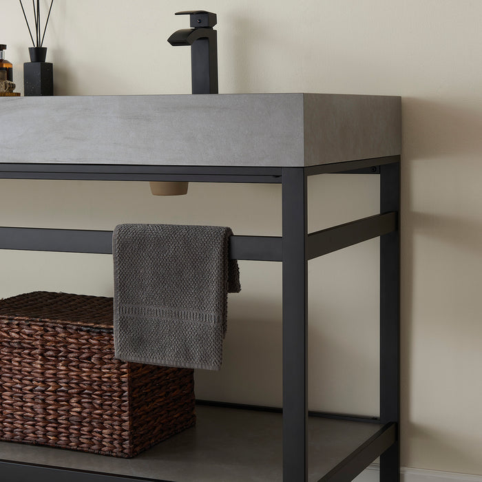 72-Inch Maven Double Sink Bathroom Vanity - Matte Black Metal Frame with Grey Sintered Stone Top & Storage
