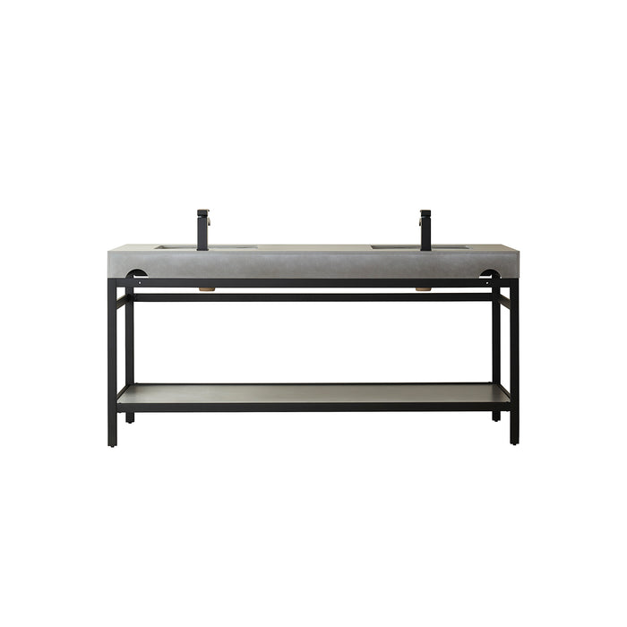 72-Inch Maven Double Sink Bathroom Vanity - Matte Black Metal Frame with Grey Sintered Stone Top & Storage