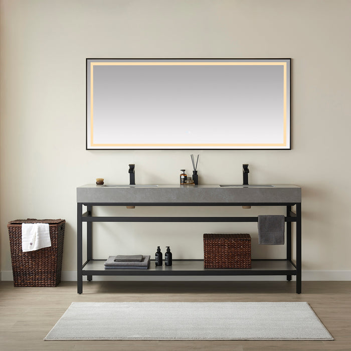 72-Inch Matte Black Metal Double Sink Bath Vanity Meadow Grey Stone Top with Under-Mount Sinks