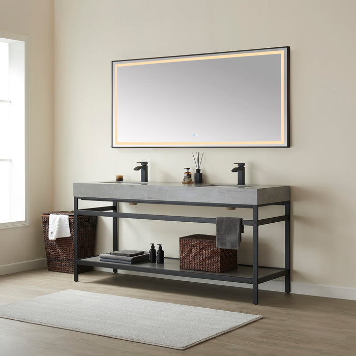 72-Inch Matte Black Metal Double Sink Bath Vanity Meadow Grey Stone Top with Under-Mount Sinks