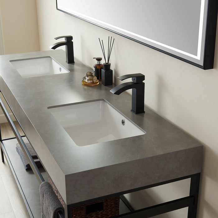 72-Inch Matte Black Metal Double Sink Bath Vanity Meadow Grey Stone Top with Under-Mount Sinks