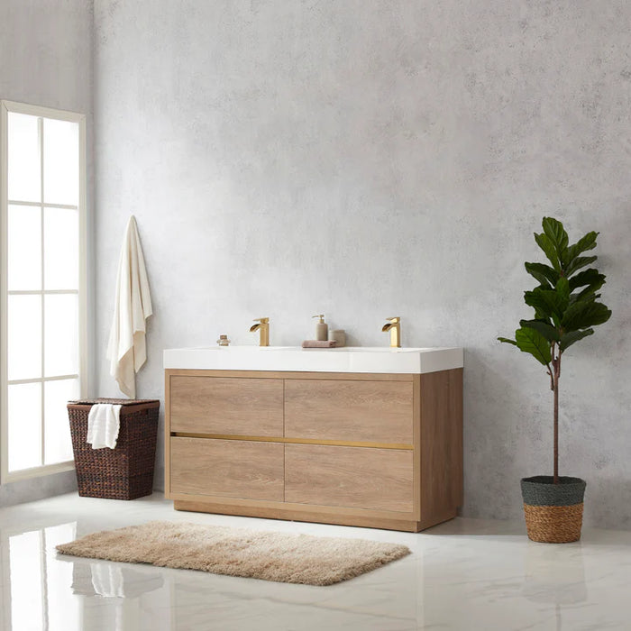 60 Inch Shadow Double Sink Vanity - Oak with 4 Soft-Close Drawers & LED Mirror