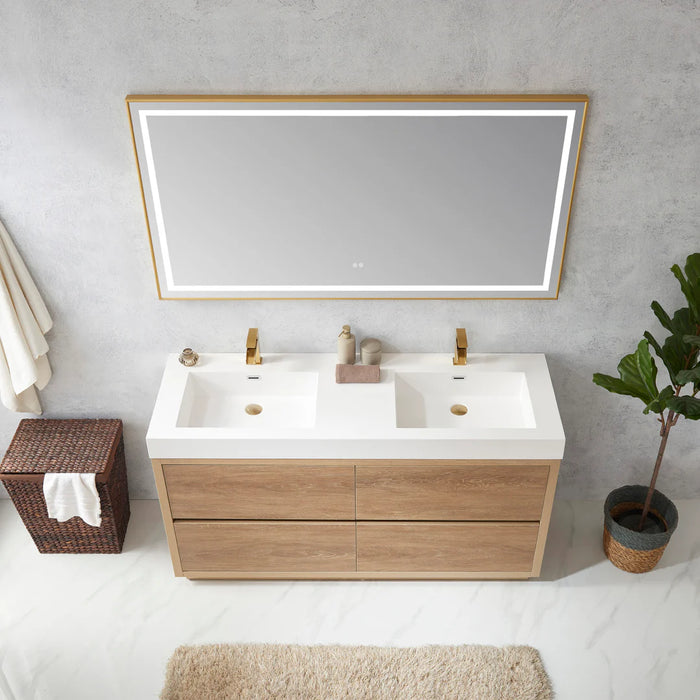 60 Inch Shadow Double Sink Vanity - Oak with 4 Soft-Close Drawers & LED Mirror