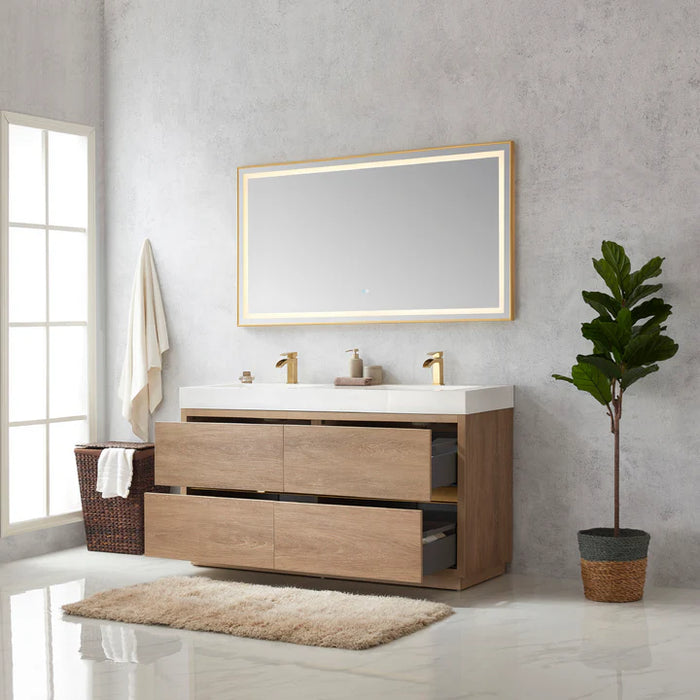 60 Inch Shadow Double Sink Vanity - Oak with 4 Soft-Close Drawers & LED Mirror