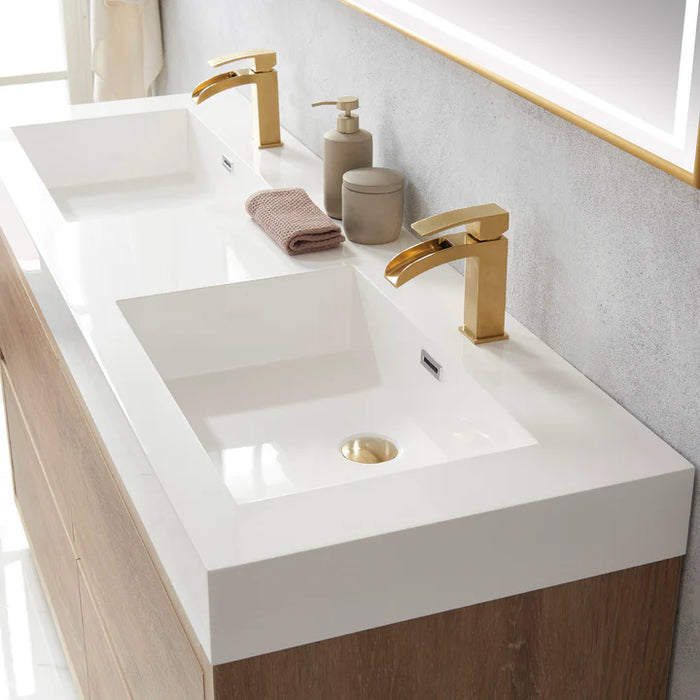 60 Inch Shadow Double Sink Vanity - Oak with 4 Soft-Close Drawers & LED Mirror