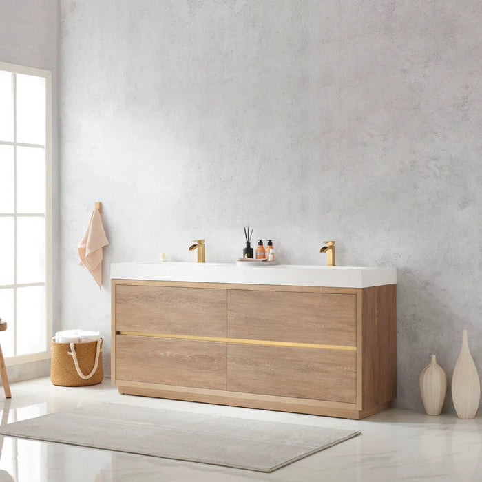 36" Fir Roam Wood Brown Single Bathroom Vanity - Freestanding with White Grain Stone Top & Soft-Close Drawers