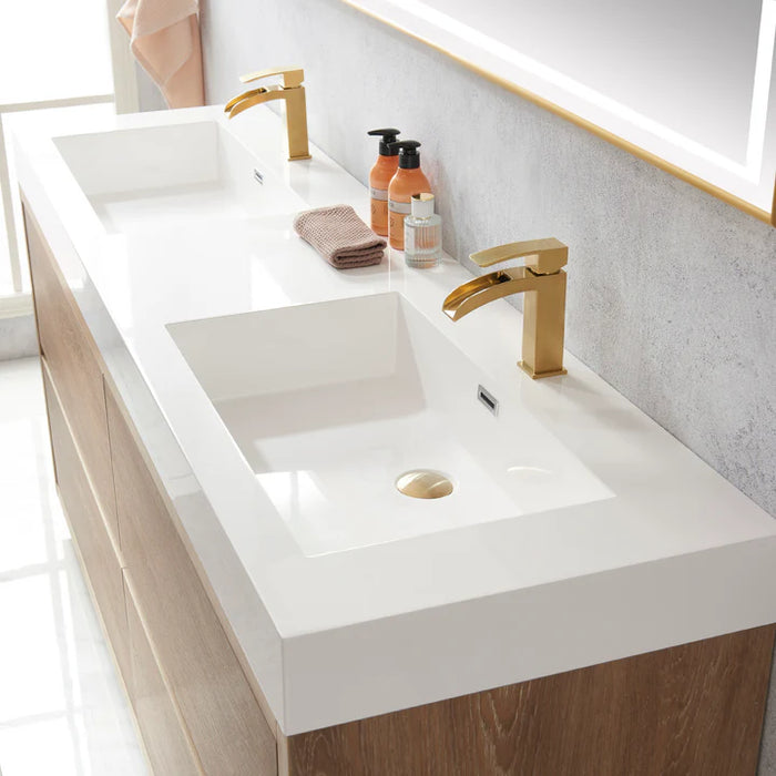 72-Inch Seabze Double Sink Bath Vanity - Oak with Integrated Countertop & LED Mirror