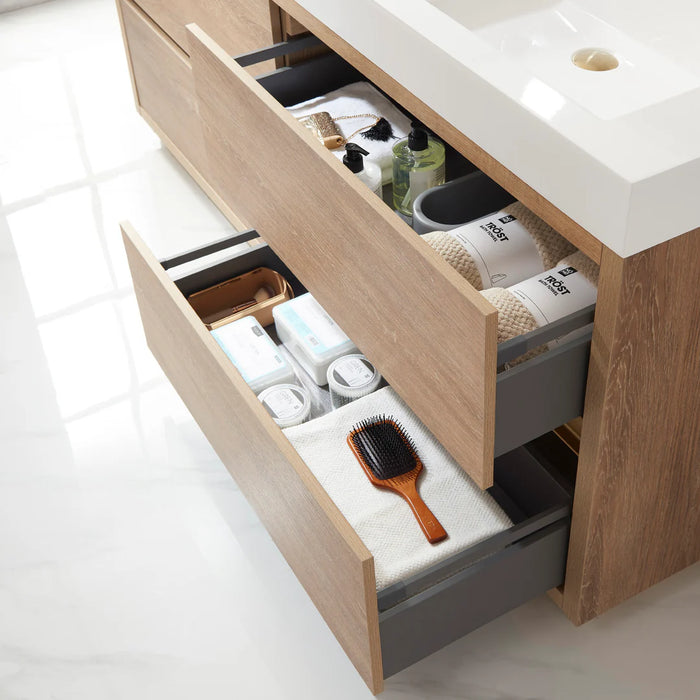 36" Fir Roam Wood Brown Single Bathroom Vanity - Freestanding with White Grain Stone Top & Soft-Close Drawers