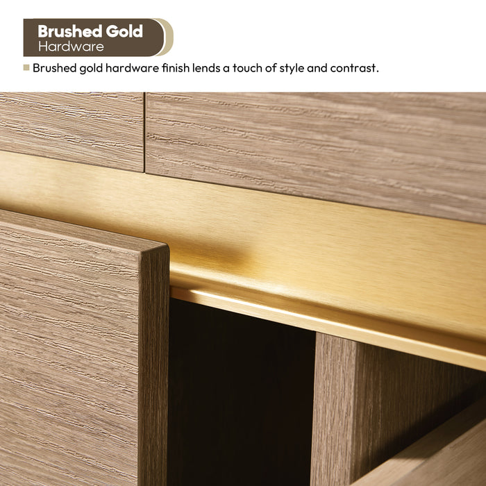 60-Inch Oak Finial Double Sink Wall Mount Bathroom Vanity with Brushed Gold Hardware