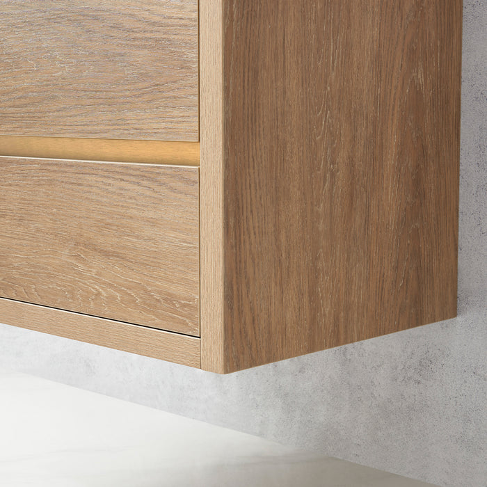 60-Inch Oak Finial Double Sink Wall Mount Bathroom Vanity with Brushed Gold Hardware