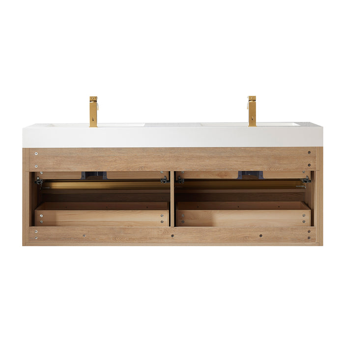 60-Inch Oak Finial Double Sink Wall Mount Bathroom Vanity with Brushed Gold Hardware