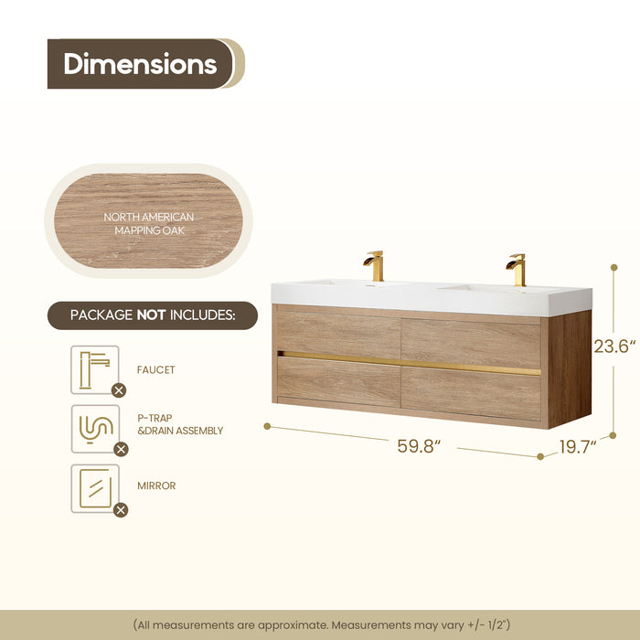 60-Inch Oak Finial Double Sink Wall Mount Bathroom Vanity with Brushed Gold Hardware