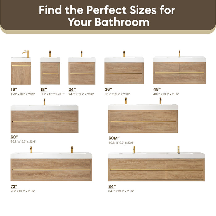 60-Inch Oak Finial Double Sink Wall Mount Bathroom Vanity with Brushed Gold Hardware