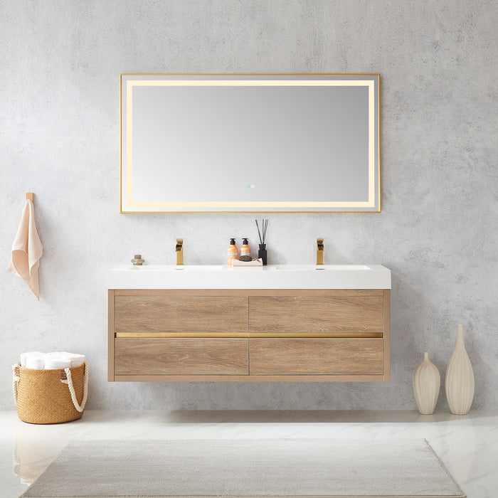 60-Inch Oak Finial Double Sink Wall Mount Bathroom Vanity with Brushed Gold Hardware