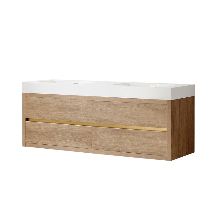 60-Inch Oak Finial Double Sink Wall Mount Bathroom Vanity with Brushed Gold Hardware