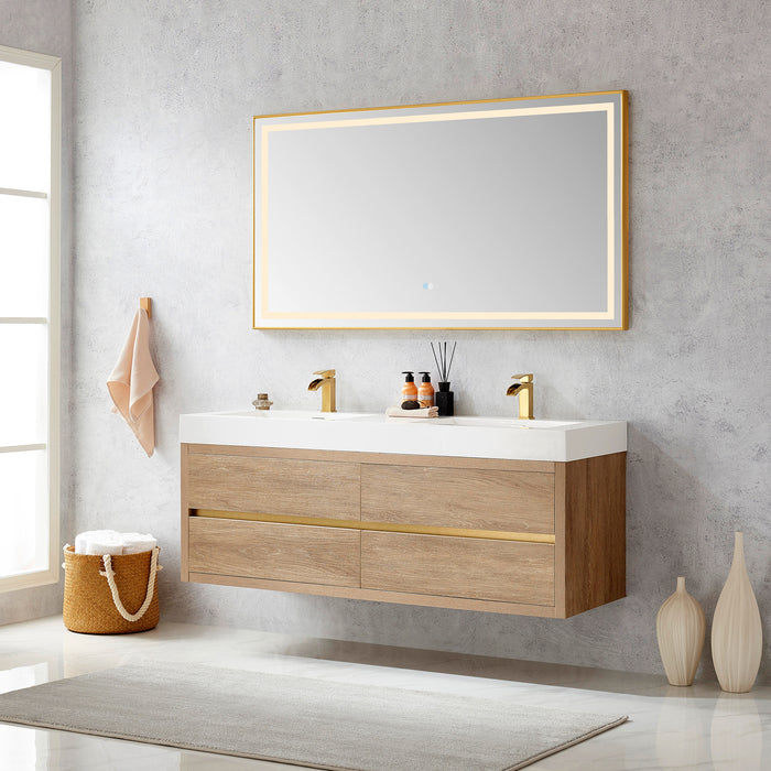 60-Inch Oak Finial Double Sink Wall Mount Bathroom Vanity with Brushed Gold Hardware