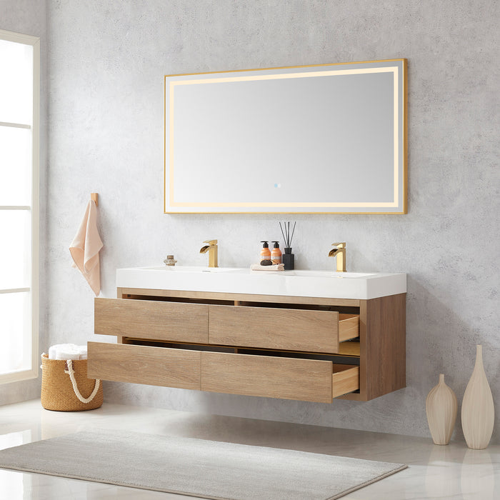 60-Inch Oak Finial Double Sink Wall Mount Bathroom Vanity with Brushed Gold Hardware