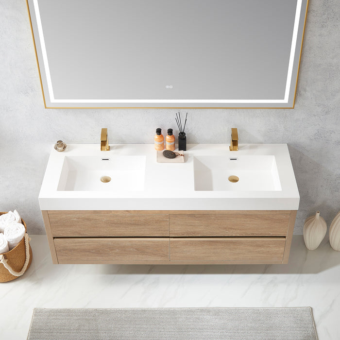 60-Inch Oak Finial Double Sink Wall Mount Bathroom Vanity with Brushed Gold Hardware
