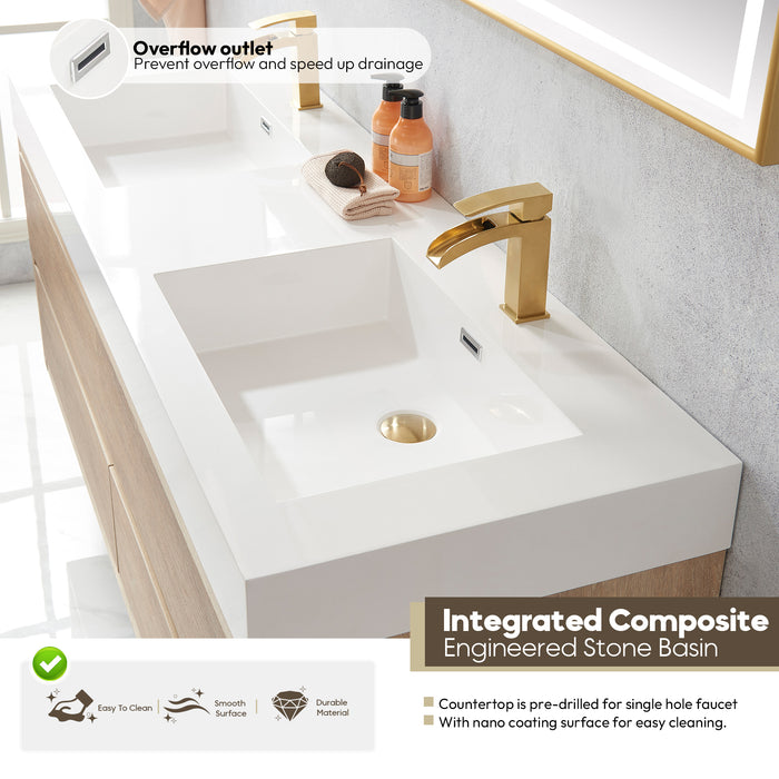 60-Inch Oak Finial Double Sink Wall Mount Bathroom Vanity with Brushed Gold Hardware