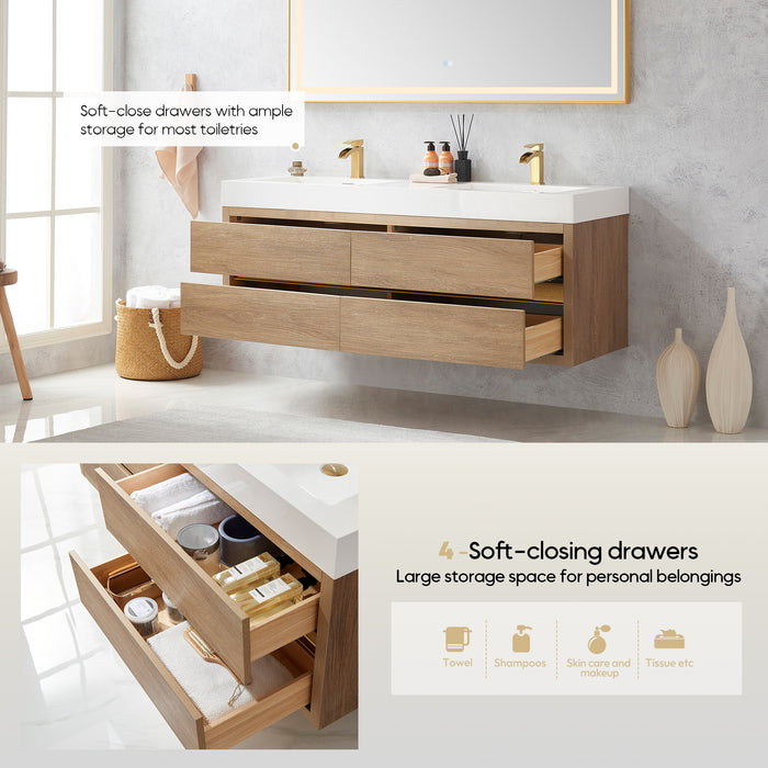 60-Inch Oak Finial Double Sink Wall Mount Bathroom Vanity with Brushed Gold Hardware